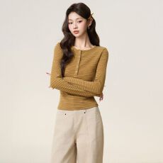 批发羊绒 半开领条纹修身长袖T恤女秋冬韩系显瘦设计感打底上衣