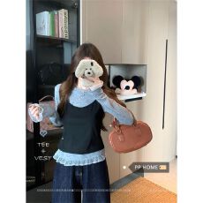 人棉270克 蕾丝花边纯色长袖t恤女秋季甜美叠穿吊带背心修身上衣