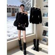 批发美式辣妹黑色斜肩镂空长袖<b class='q'>连衣裙女</b>春秋季纯欲收腰显瘦包臀短裙子