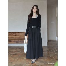 批发2025新款秋季韩系气质裙子小众小个子流行假两件黑色<b class='q'>连衣裙女</b>