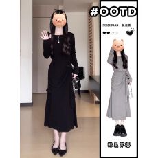 批发设计感不规则黑色长袖<b class='q'>连衣裙女</b>早秋季2025新款气质小个子包臀短裙
