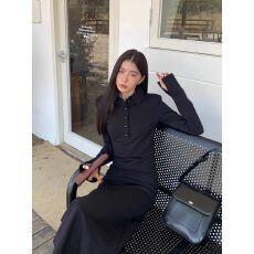 批发法式气质黑色<b class='q'>长袖</b><b class='q'>衬衫</b>连衣裙女高级感御姐修身显瘦打底包臀长裙子