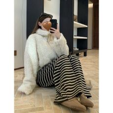 批发加绒条纹直筒阔腿休闲裤女<b class='q'>秋</b>冬韩系宽松慵懒风垂感拖地裤子