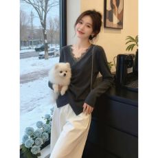 批发德绒 灰色蕾丝长袖上衣<b class='q'>女</b>2025早春秋冬<b class='q'>大码</b>不规则交叉打底衫上衣