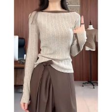 批发韩系撞色一字肩长袖T恤<b class='q'>女</b>装秋季<b class='q'>大码</b>胖MM显瘦内搭打底衫减龄上衣