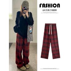 批发红色格子裤子女宽松直筒春秋冬2025新款<b class='q'>休闲裤</b>高腰垂感直筒阔腿裤