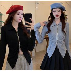 批发秋冬季长袖<b class='q'>t</b><b class='q'>恤</b>女洋气气质时尚个性减龄拉链polo领百搭上衣