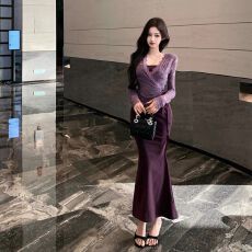 批发紫色蕾丝开衫修身包臀鱼尾吊带<b class='q'>连衣裙</b><b class='q'>两件套</b>装御姐风情万种的裙子