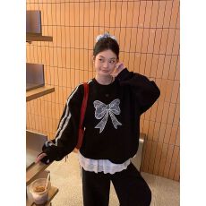 官图 实价 华棉复合 薄款-加绒 卫衣女条纹蕾丝花边刺绣