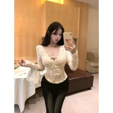 批发纯欲风蝴蝶结v领长袖T恤女冬季黑色蕾丝衫修身收腰内搭打底衫上衣