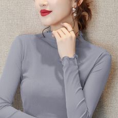 批发半高领网纱打底衫<b class='q'>女</b>秋冬长袖毛衣内搭纱衣高端洋气木耳边蕾丝上衣