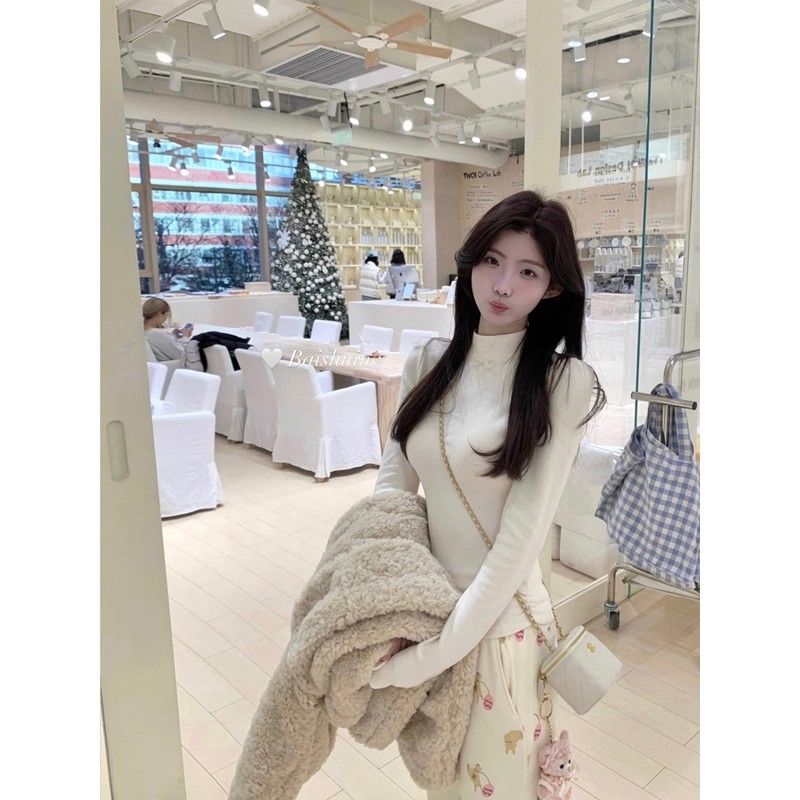 MY16445# 德绒 蝴蝶结打底衫女秋冬修身显瘦保暖长袖女裝貨源服裝批發