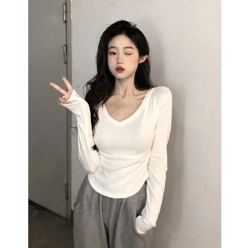 MY16443# V领修身显瘦纯欲风长袖T恤打底衫女女裝貨源服裝批發