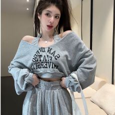 批发字母印花<b class='q'>修身</b>背心+宽松休闲卫衣时尚两件套女秋