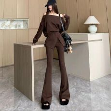 批发休闲套装秋季2026新款辣妹简约慵懒长袖<b class='q'>修身</b>上衣微喇长裤