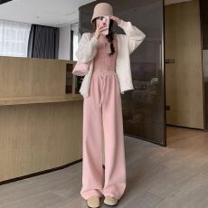 批发粉色阔腿裤<b class='q'>女</b>秋冬季高腰宽松慵懒休闲直筒拖地<b class='q'>长裤</b>人字纹加绒裤子