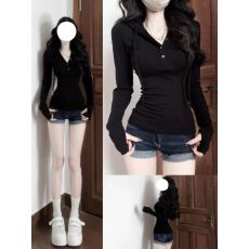 黑色连帽正肩长袖t恤女秋季纽扣内搭打底衫辣妹紧身修身收腰上衣