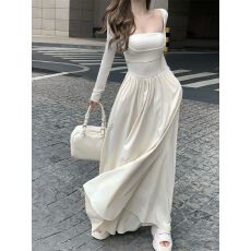 批发假两件方领长袖连衣裙女早秋2026新款绝美气质收腰显瘦a字长裙子