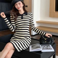 批发小个子减龄POLO领长袖针织裙女装2026年春季设计感条纹连衣裙裙子