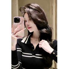 批发独特撞色polo领条纹针织衫女春装翻领毛衣打底衫内搭修身长袖上衣