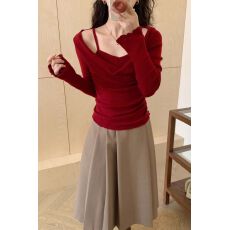 批发盐系假两件荡领露肩上衣春季款新款收腰小众显瘦褶皱外穿针织衫女