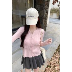 批发学院风圆领麻花针织开衫毛衣春季款新款韩版简约软糯修身短款上衣