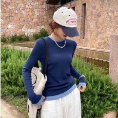 批发假两件撞色打底衫女内搭2026春新款圆领毛衣高级感长袖针织上衣