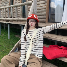 批发2026年春季女装新款圆领毛衣外穿早春韩系穿搭披肩长袖条纹<b class='q'>针织衫</b>