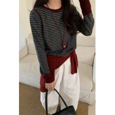 批发爆款2026春季新款撞色圆领通勤<b class='q'>针织衫</b>女百搭长袖条纹宽松内搭上衣