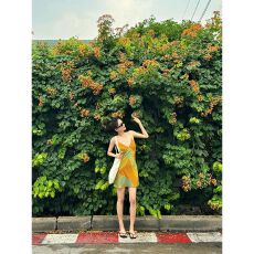 批发纯欲复古度假风吊带裙子女夏季新款V领不规则循环撞色印花<b class='q'>连衣裙</b>