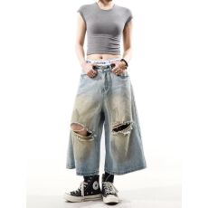 批发美式复古夏季新款破洞牛仔短裤男女水洗宽松痞帅<b class='q'>七分</b>裤潮