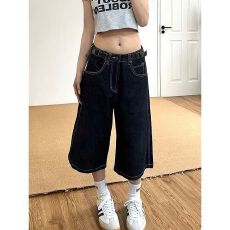 批发美式复古可调节扣深色牛仔裤男女同款夏季新款宽松直筒阔腿<b class='q'>七分</b>裤