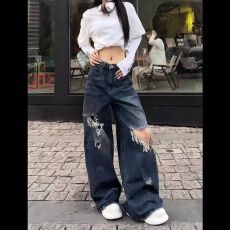 批发美式高街复古做旧破洞设计拖地<b class='q'>牛仔裤</b><b class='q'>男</b>女潮小众宽松百搭阔腿长裤