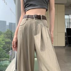 批发包边 立体腰 冰丝棉麻西装<b class='q'>裤</b>子女夏垂感显瘦宽松拖地亚麻阔腿<b class='q'>裤</b>