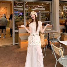 批发法式设计套装气质斜肩上衣女装网纱夏季拼接<b class='q'>半身裙</b>腰带长裙两件套