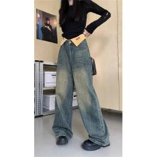 批发2026年新款时尚高腰翻边牛仔裤女春秋复古水洗阔腿裤百搭长裤子潮