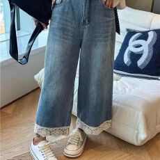 批发蕾丝花边阔腿牛仔裤女新款大码梨形身材宽松显瘦小个子八分裤
