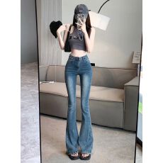 批发高街弹力复古微喇牛仔裤女新款设计感小众高腰阔腿裤子韩版ins潮
