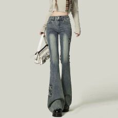 批发修身胖mm微喇牛仔裤女装大码复古美式双扣设计高腰喇叭马蹄长裤子