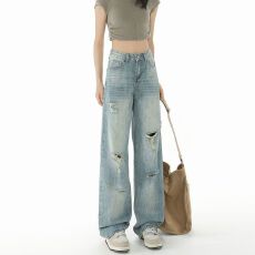 批发美式破洞牛仔裤女装2026夏薄款水洗设计感高腰显瘦拖地阔腿长裤子