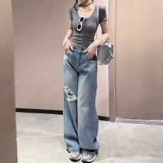 批发美式高街大码破洞牛仔裤女夏薄款2026蓝色梨形身材宽松直筒阔腿裤