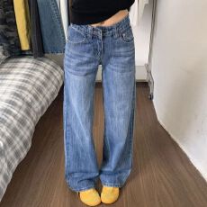 批发大码蓝色直筒牛仔裤女装遮肉设计后口袋胖mm宽松拖地高腰阔腿长裤