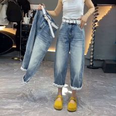 批发拼接蕾丝梨形身材牛仔裤女夏季新款大码宽松胖mm显瘦高腰八分裤子