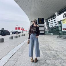 批发实拍#秋冬蓝色慵懒风九分休闲阔腿牛仔裤女小个子宽松新款直筒裤