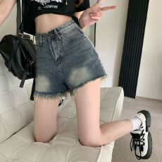 批发胖mm高腰牛仔短裤女夏季梨形身材毛边复古大码显瘦a字阔腿热裤子