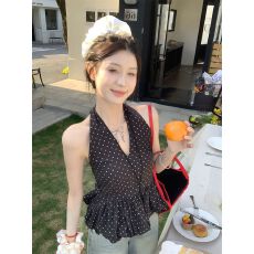 批发甜美风黑色波点挂脖V领背心女装夏季设计感小众修身别致绝美上衣