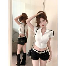 批发立领拉链开衫短袖T恤女2026春季<b class='q'>新款</b>修身显瘦莱赛尔<b class='q'>运动</b>外穿上衣