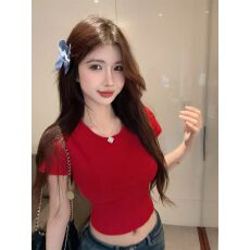 女士t恤蝴蝶镂空小心机露背短袖夏季设计感修身正肩短款甜辣上衣