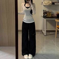 批发官图天丝螺纹V领长袖T恤夏微透防晒衫罩衫+挂脖背心两件套装