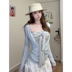批发天丝条纹长袖女春夏季显瘦设计感荡领罩衫抹胸两件套修身韩系穿搭